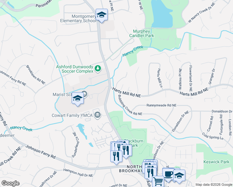 map of restaurants, bars, coffee shops, grocery stores, and more near 1393 Bubbling Creek Road Northeast in Atlanta