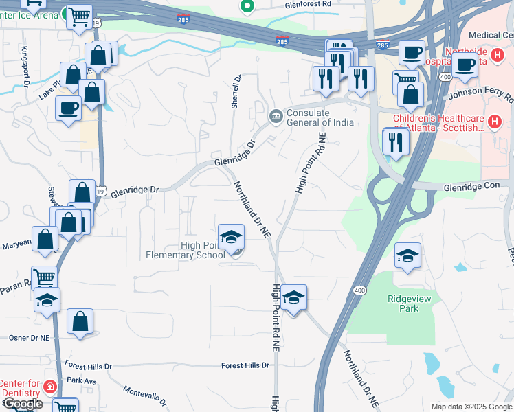 map of restaurants, bars, coffee shops, grocery stores, and more near 5375 Northland Drive Northeast in Atlanta