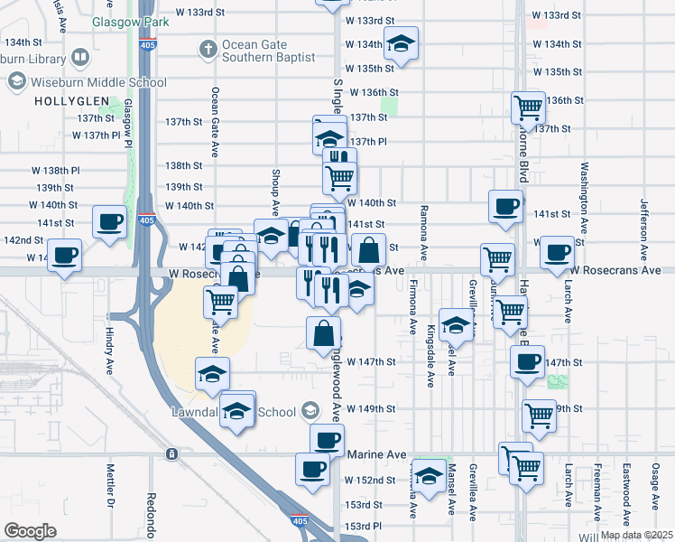 map of restaurants, bars, coffee shops, grocery stores, and more near W Rosecrans Ave & Inglewood Ave in Hawthorne