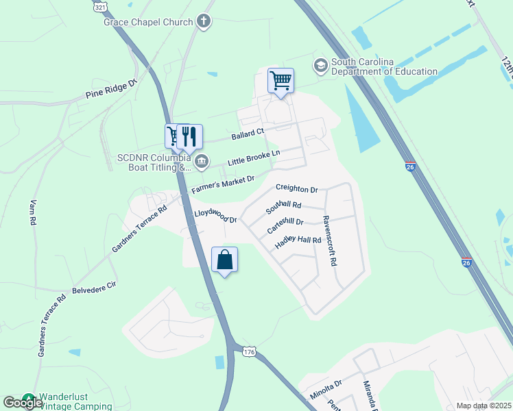 map of restaurants, bars, coffee shops, grocery stores, and more near 310 Creighton Drive in West Columbia