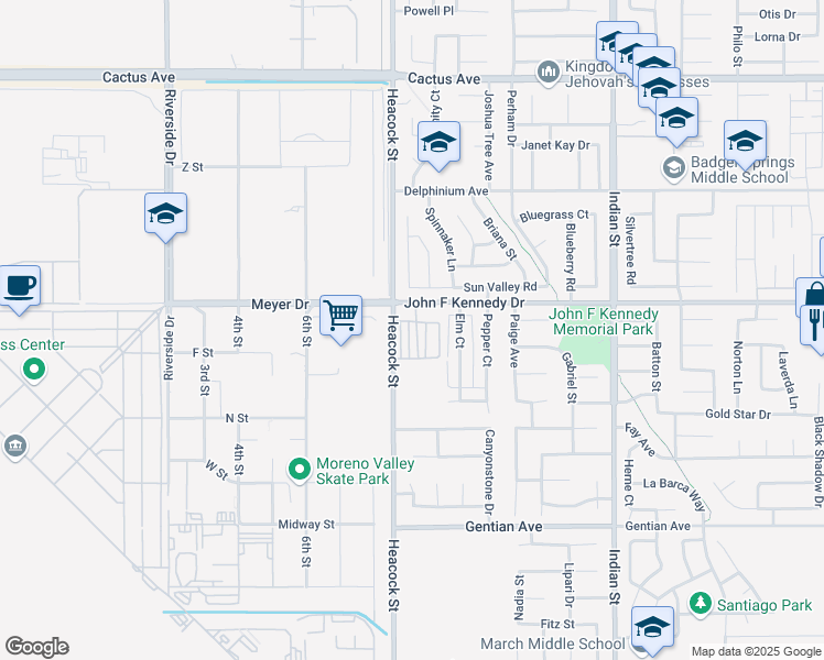 map of restaurants, bars, coffee shops, grocery stores, and more near 15040 Heacock Street in Moreno Valley