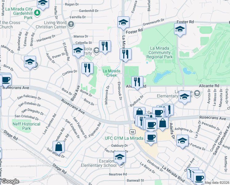 map of restaurants, bars, coffee shops, grocery stores, and more near 14046 La Barca Road in La Mirada