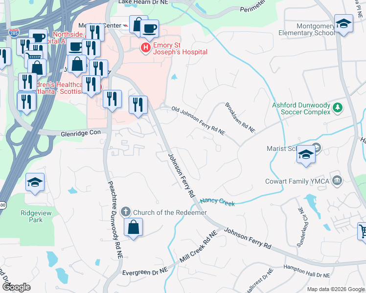 map of restaurants, bars, coffee shops, grocery stores, and more near 1026 Bluffhaven Way Northeast in Atlanta