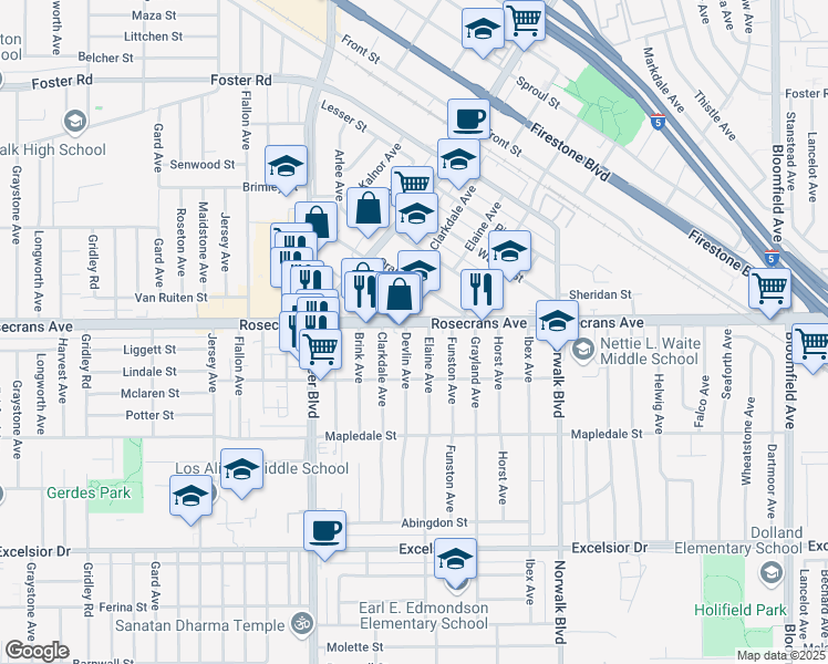 map of restaurants, bars, coffee shops, grocery stores, and more near 14324 Devlin Avenue in Norwalk