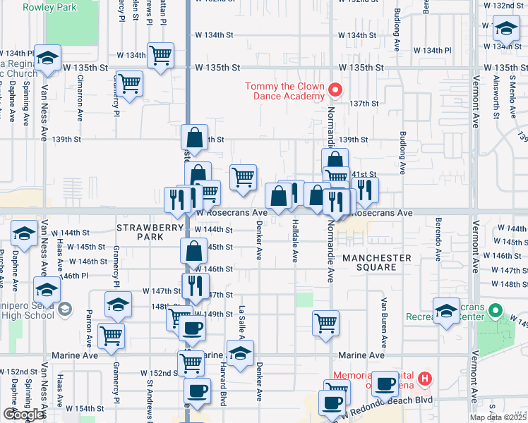 map of restaurants, bars, coffee shops, grocery stores, and more near 1600 Rosecrans Avenue in Gardena
