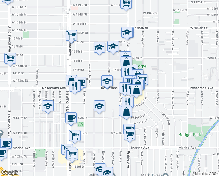 map of restaurants, bars, coffee shops, grocery stores, and more near 4118 Rosecrans Avenue in Lawndale