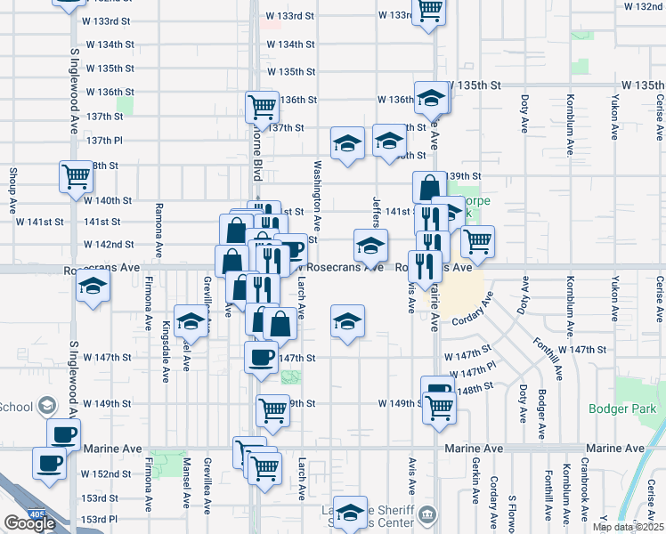map of restaurants, bars, coffee shops, grocery stores, and more near 4211 Rosecrans Avenue in Hawthorne