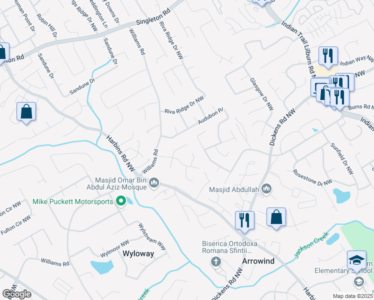 map of restaurants, bars, coffee shops, grocery stores, and more near 947 Amberly Drive in Norcross