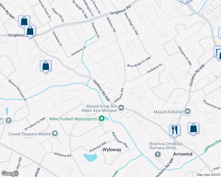 map of restaurants, bars, coffee shops, grocery stores, and more near 1012 Harbins Road Northwest in Norcross