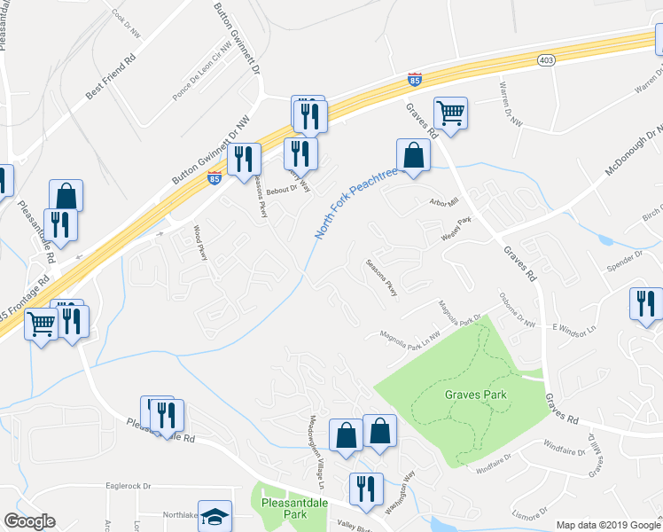 map of restaurants, bars, coffee shops, grocery stores, and more near 100 Seasons Parkway in Norcross