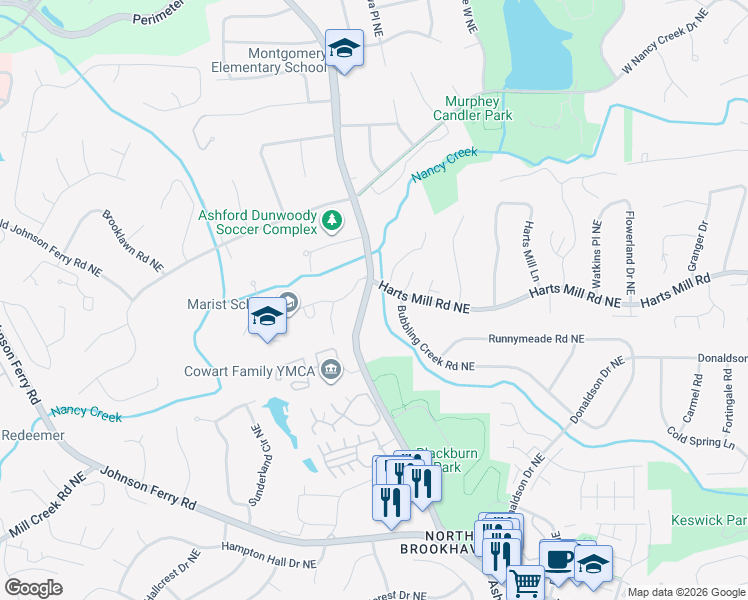 map of restaurants, bars, coffee shops, grocery stores, and more near 3763 Ashford Dunwoody Road Northeast in Atlanta