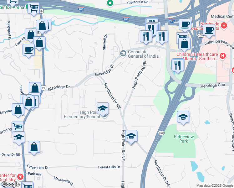 map of restaurants, bars, coffee shops, grocery stores, and more near 5375 Northland Drive Northeast in Atlanta