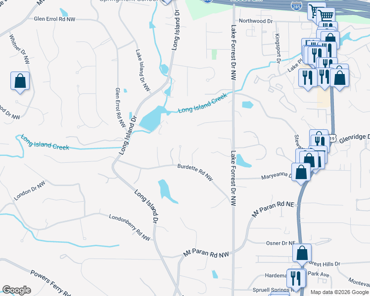 map of restaurants, bars, coffee shops, grocery stores, and more near 121 Burdette Road Northwest in Atlanta