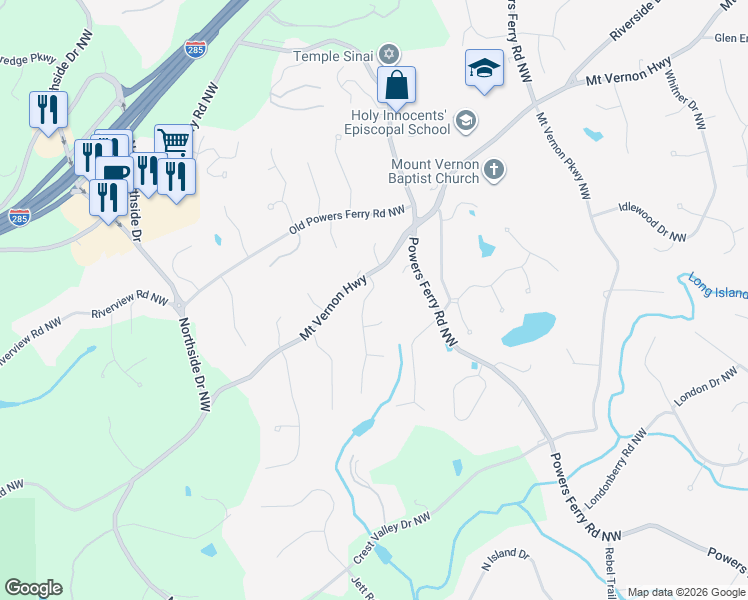 map of restaurants, bars, coffee shops, grocery stores, and more near 110 Cross Roads Court in Atlanta