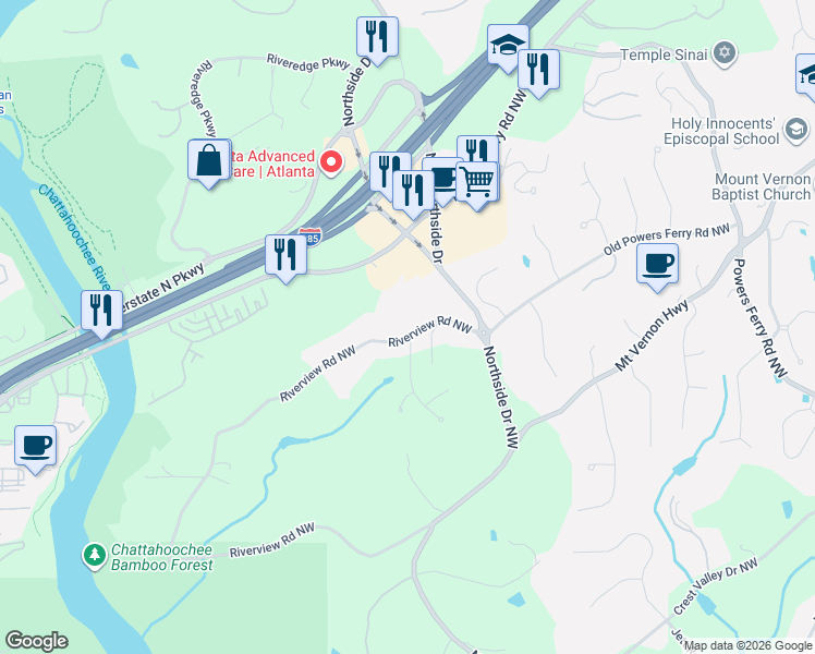 map of restaurants, bars, coffee shops, grocery stores, and more near 5270 Riverview Road Northwest in Atlanta