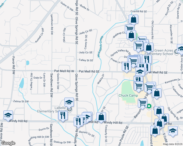 map of restaurants, bars, coffee shops, grocery stores, and more near 115 Peachtree Circle Southeast in Marietta