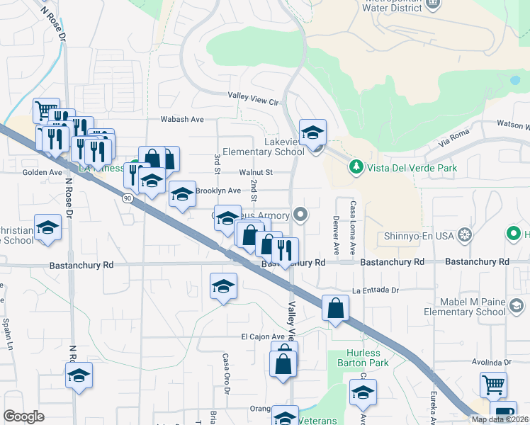 map of restaurants, bars, coffee shops, grocery stores, and more near 17340 Marda Avenue in Yorba Linda