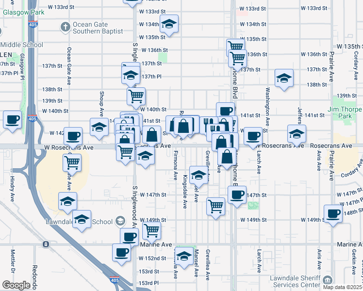 map of restaurants, bars, coffee shops, grocery stores, and more near W Rosecrans Ave & Ramona Ave in Lawndale