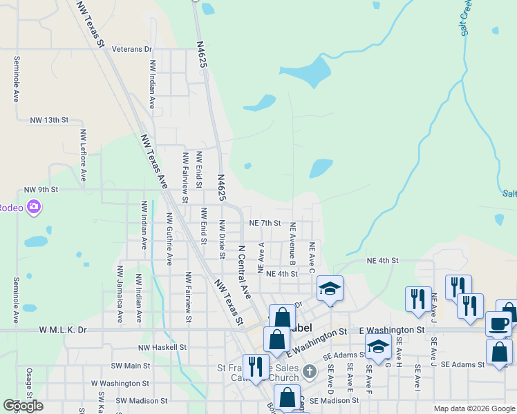 map of restaurants, bars, coffee shops, grocery stores, and more near 3 Northeast 7th Street in Idabel