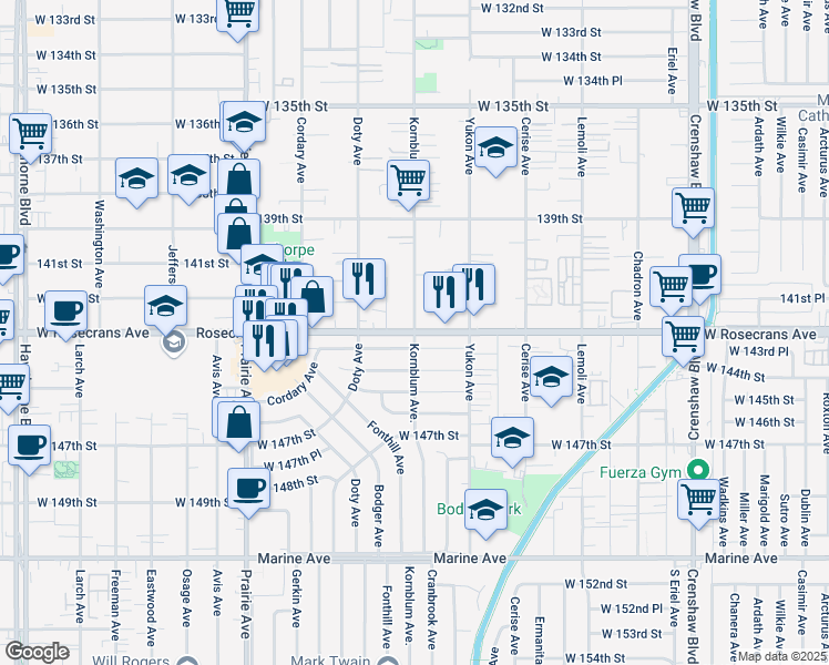 map of restaurants, bars, coffee shops, grocery stores, and more near W Rosecrans Ave & Kornblum Ave in Hawthorne