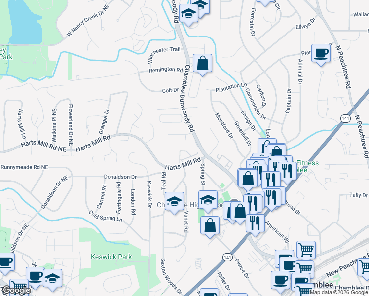 map of restaurants, bars, coffee shops, grocery stores, and more near 2020 Mendenhall Drive in Atlanta