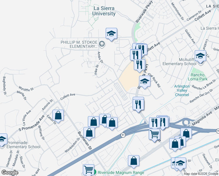 map of restaurants, bars, coffee shops, grocery stores, and more near 4186 Napa Lane in Riverside