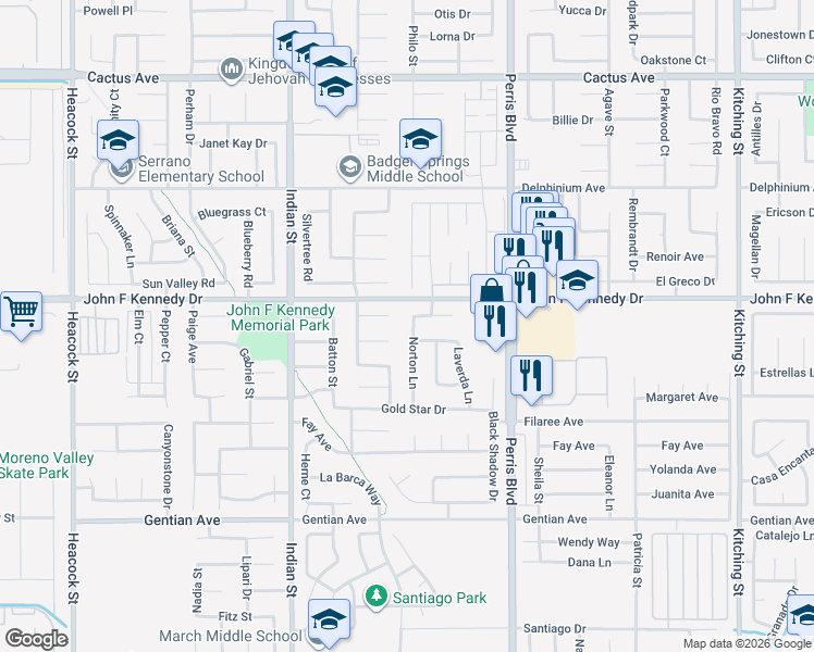 map of restaurants, bars, coffee shops, grocery stores, and more near 24730 Patrician Court in Moreno Valley