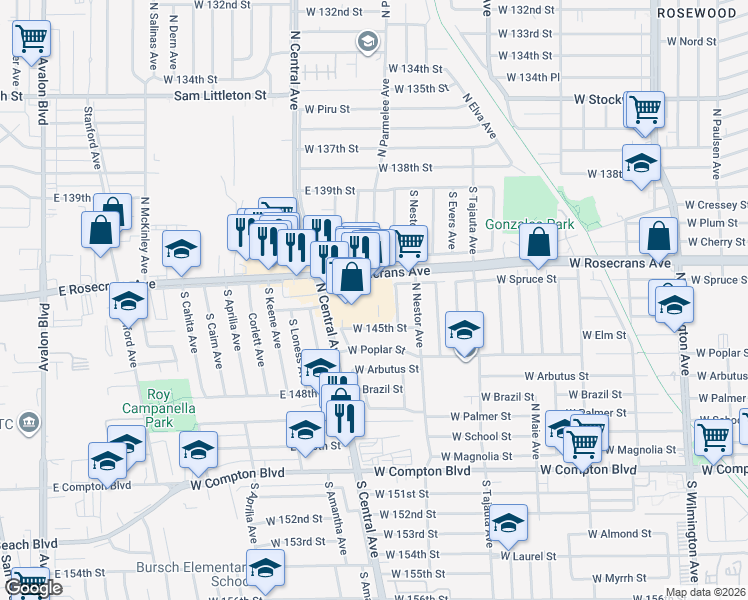 map of restaurants, bars, coffee shops, grocery stores, and more near 1700 Rosecrans Avenue in Compton