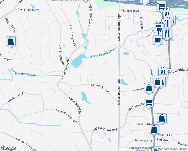 map of restaurants, bars, coffee shops, grocery stores, and more near 121 Burdette Road Northwest in Atlanta