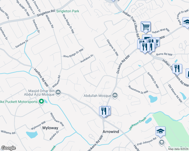 map of restaurants, bars, coffee shops, grocery stores, and more near 903 Wilshire Court Northwest in Lilburn