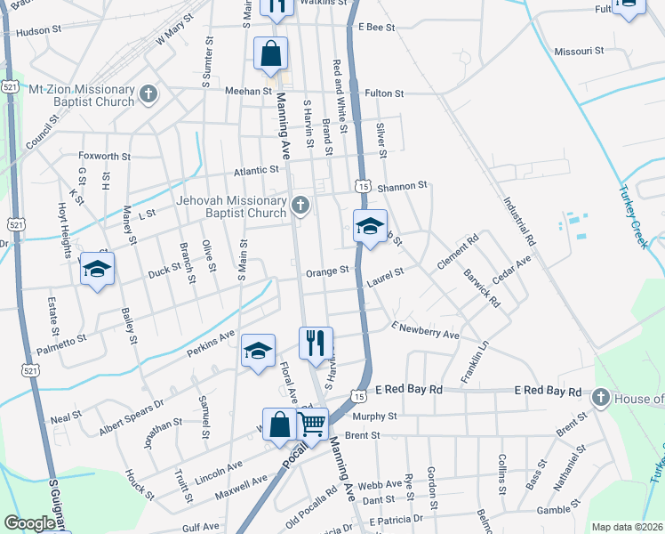 map of restaurants, bars, coffee shops, grocery stores, and more near 116 Orange Street in Sumter