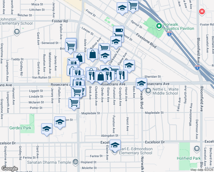 map of restaurants, bars, coffee shops, grocery stores, and more near 11944 Rosecrans Avenue in Norwalk