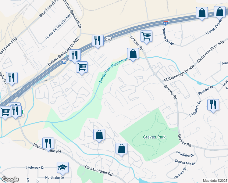 map of restaurants, bars, coffee shops, grocery stores, and more near 315 Seasons Parkway in Norcross