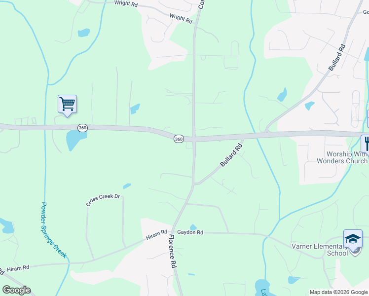 map of restaurants, bars, coffee shops, grocery stores, and more near 2161-2225 Florence Rd in Powder Springs