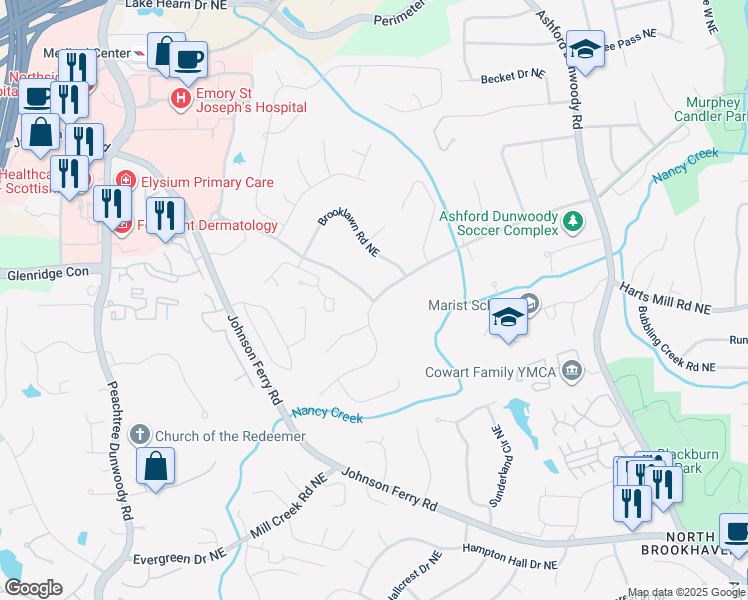 map of restaurants, bars, coffee shops, grocery stores, and more near 1928 Old Johnson Ferry Road Northeast in Atlanta