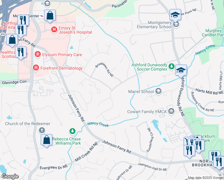 map of restaurants, bars, coffee shops, grocery stores, and more near 1928 Old Johnson Ferry Road Northeast in Atlanta