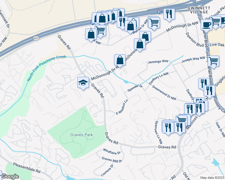 map of restaurants, bars, coffee shops, grocery stores, and more near 1695 Graves Road in Norcross