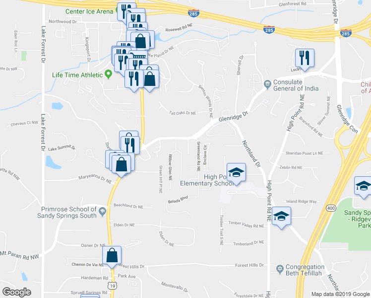 map of restaurants, bars, coffee shops, grocery stores, and more near 5455 Glenridge Drive Northeast in Atlanta