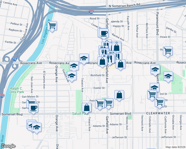 map of restaurants, bars, coffee shops, grocery stores, and more near 7246 Richfield Street in Paramount