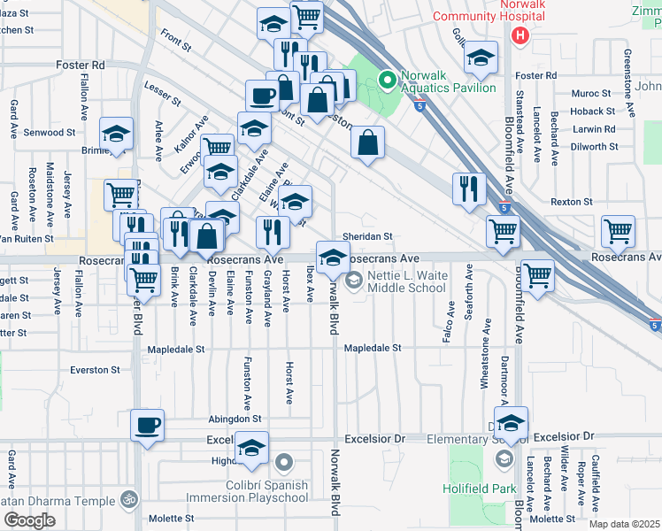 map of restaurants, bars, coffee shops, grocery stores, and more near 14305 Norwalk Boulevard in Norwalk