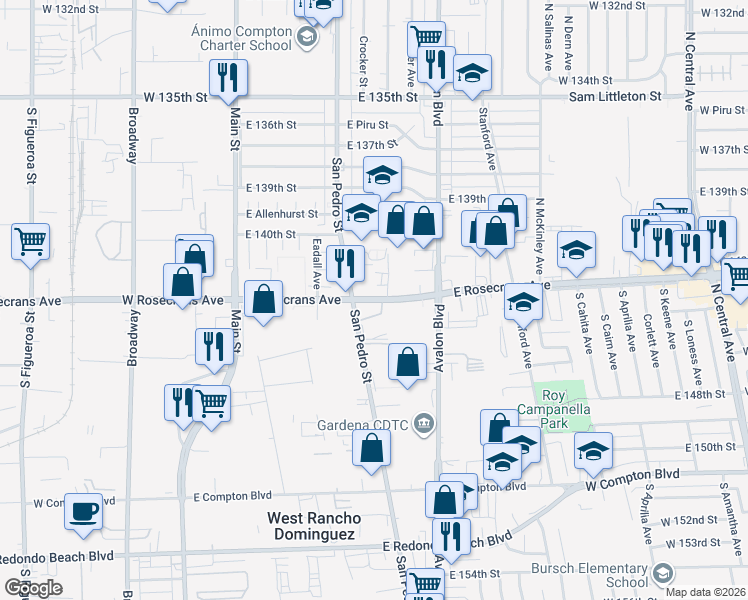 map of restaurants, bars, coffee shops, grocery stores, and more near 515 East Rosecrans Avenue in Gardena