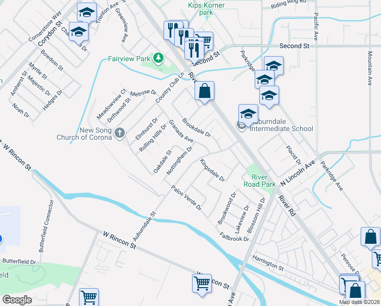 map of restaurants, bars, coffee shops, grocery stores, and more near 1051 Nottingham Drive in Corona