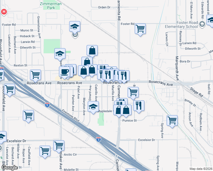 map of restaurants, bars, coffee shops, grocery stores, and more near 14313 Claressa Avenue in Norwalk