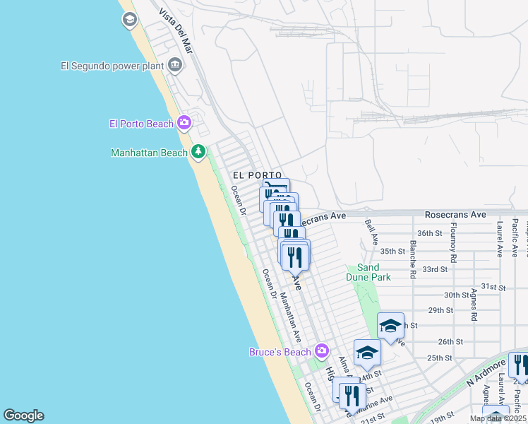 map of restaurants, bars, coffee shops, grocery stores, and more near in Manhattan Beach