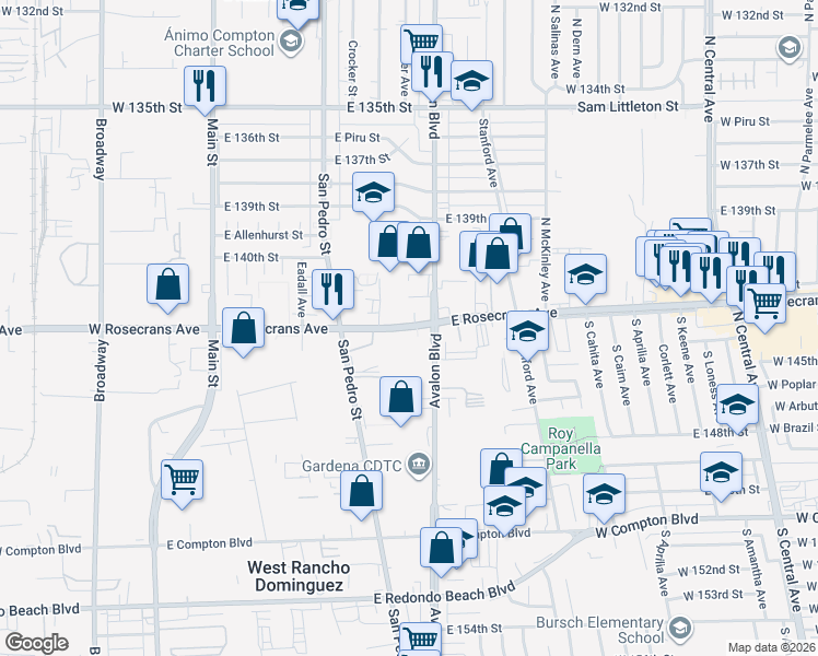 map of restaurants, bars, coffee shops, grocery stores, and more near 515 East Rosecrans Avenue in Gardena