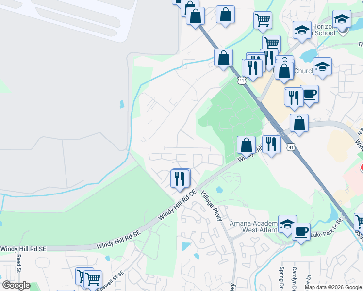 map of restaurants, bars, coffee shops, grocery stores, and more near 1970 Brightleaf Way in Marietta