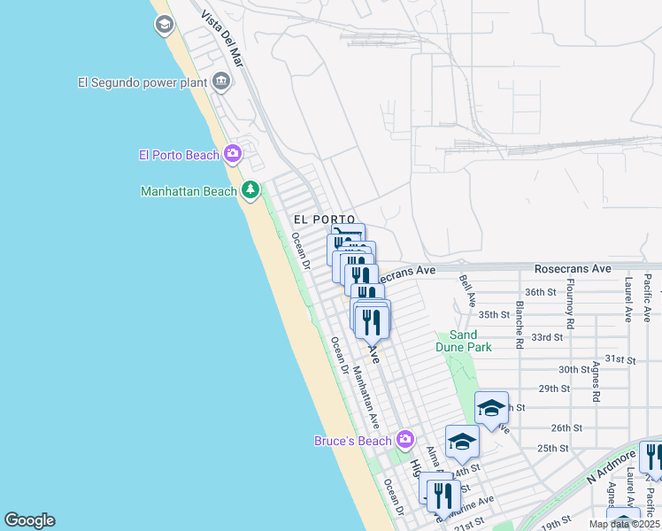 map of restaurants, bars, coffee shops, grocery stores, and more near 205 38th Street in Manhattan Beach