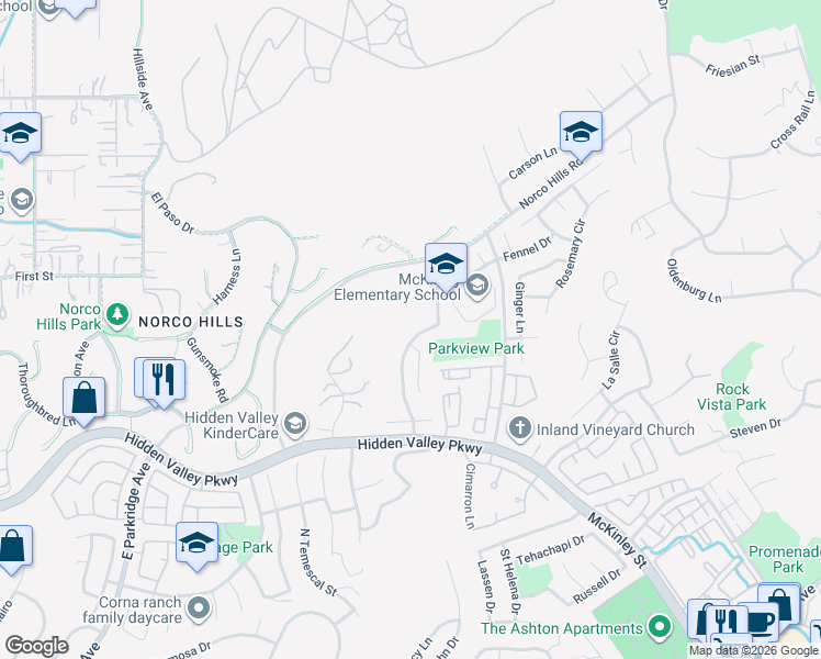 map of restaurants, bars, coffee shops, grocery stores, and more near 1096 Casandra Lane in Corona