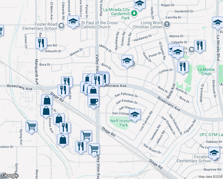 map of restaurants, bars, coffee shops, grocery stores, and more near 14314 De Alcala Drive in La Mirada