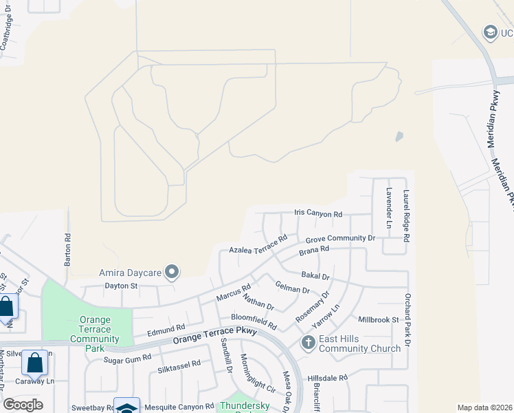 map of restaurants, bars, coffee shops, grocery stores, and more near 8259 Bakal Drive in Riverside